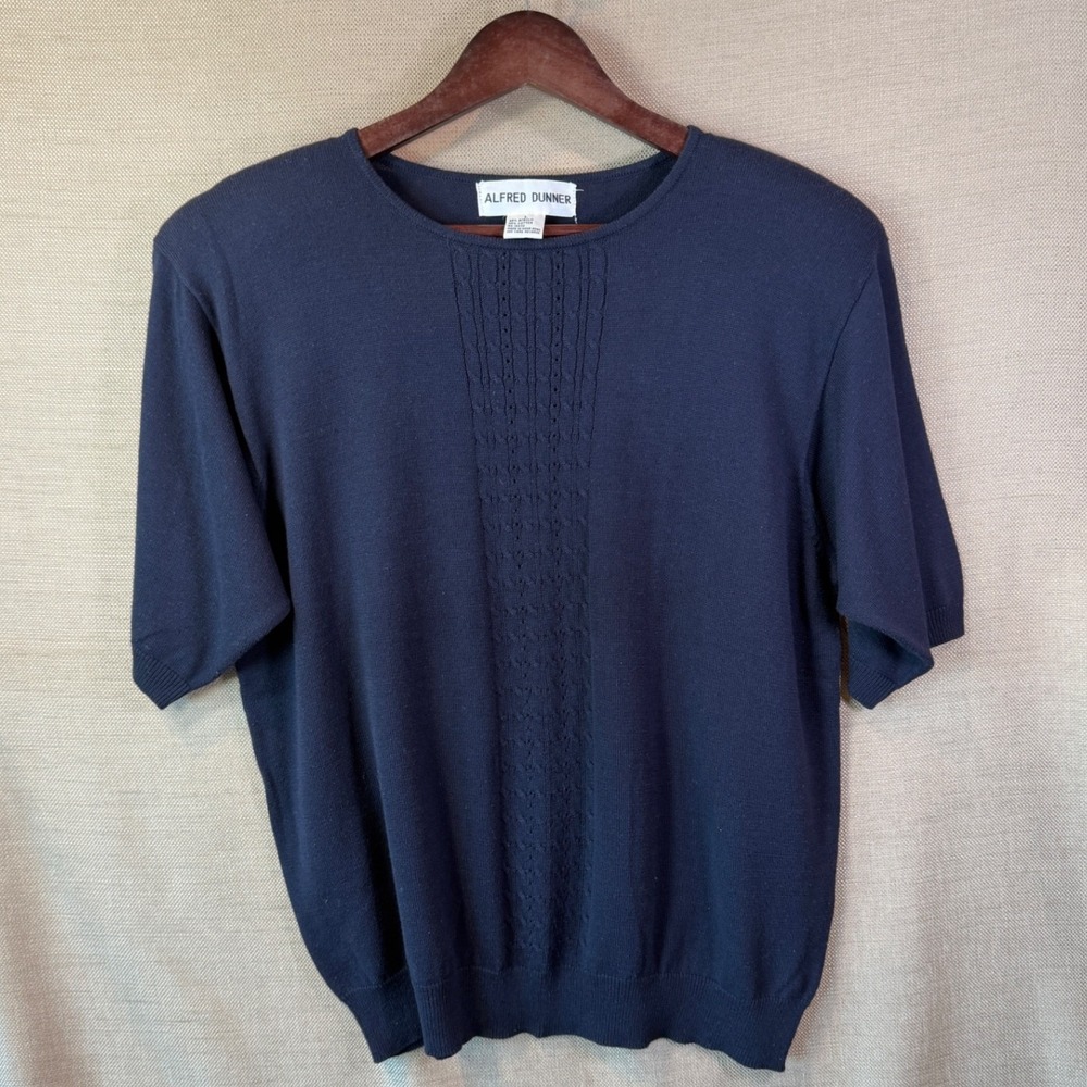 VTG Alfred Dunner Knit Top Women L Navy Blue Short Sleeve Textured Crew Neck
